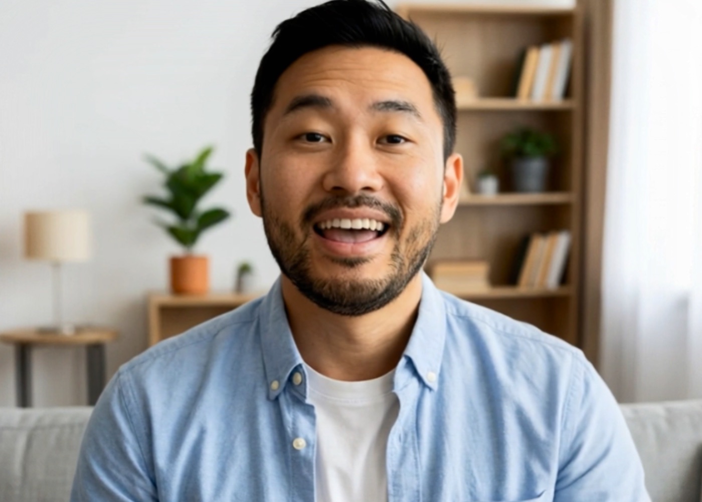 Webcam view of a smiling man looking straight into the camera
