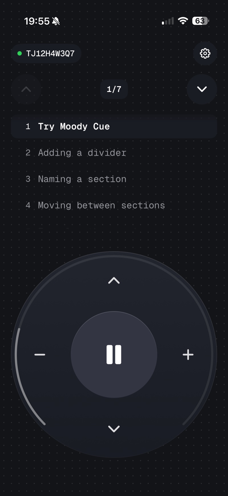 Moody Remote Control on iPhone with a section list and a playback dial